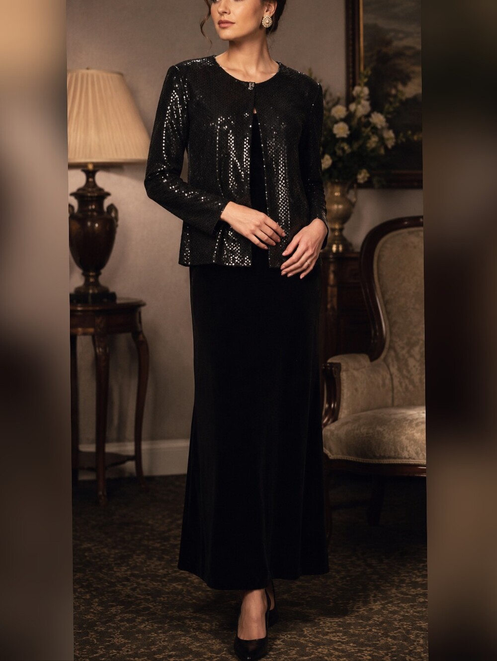 Finesse Vintage 1990s Black Velvet & Sequins Maxi Formal Dress size M